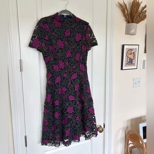 Tahari Navy Dress with Purple and Green Floral Overlay